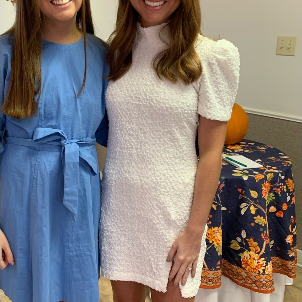Amanda Uprichard White Textured Mini Dress with Puff Sleeves